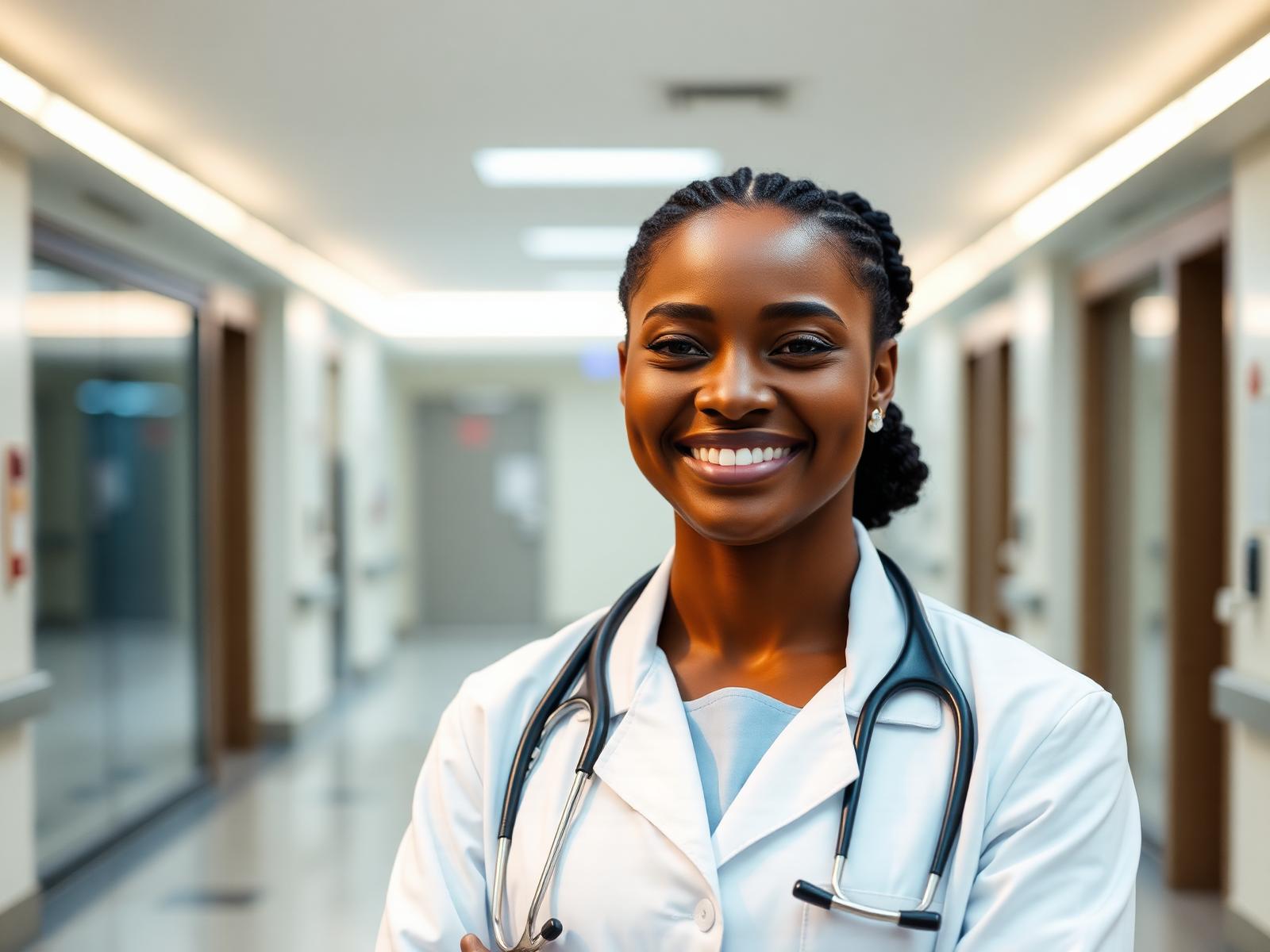 Confident healthcare professional in a hospital corridor