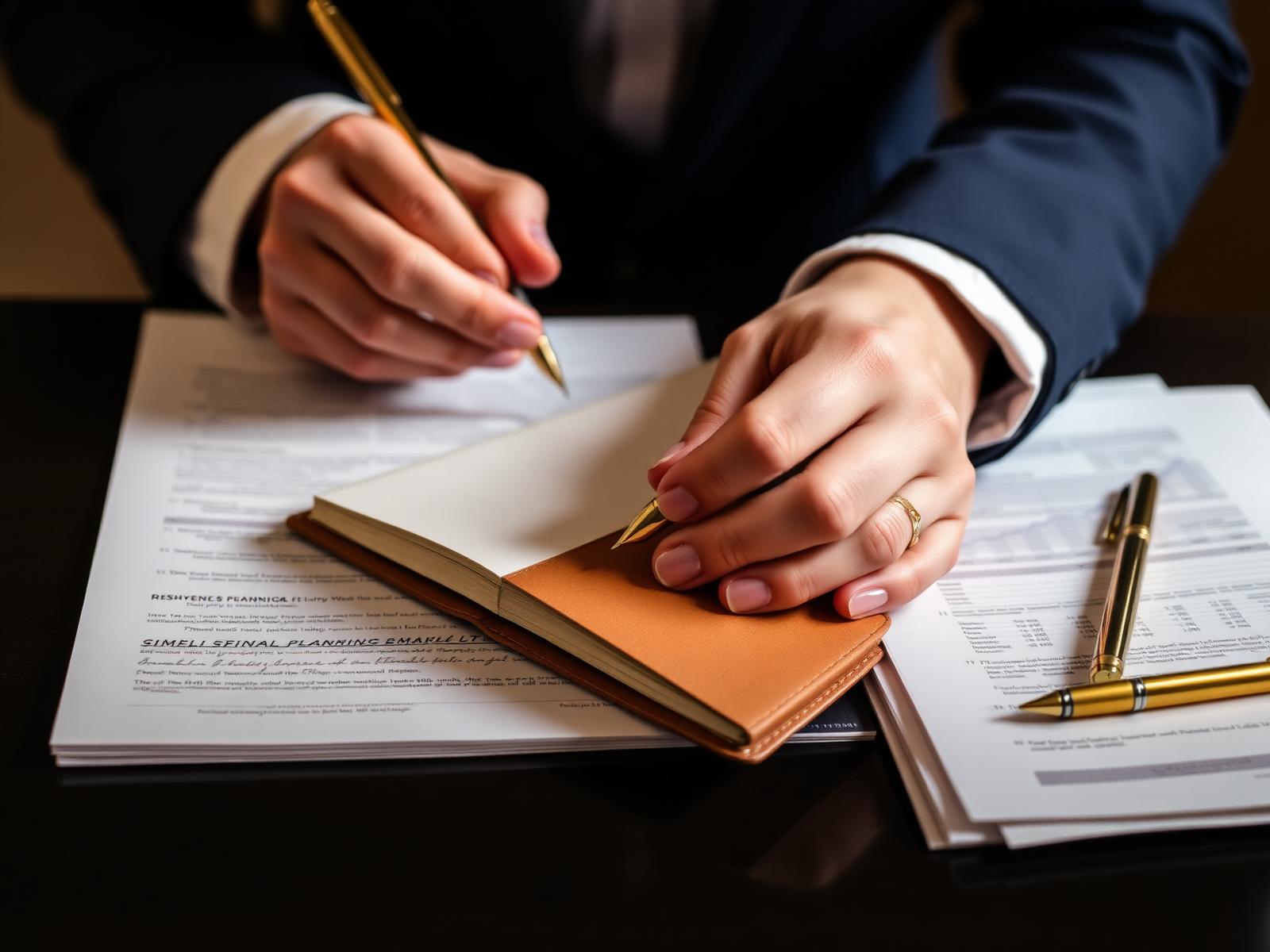 Hands writing in a leather notebook beside a gold pen
